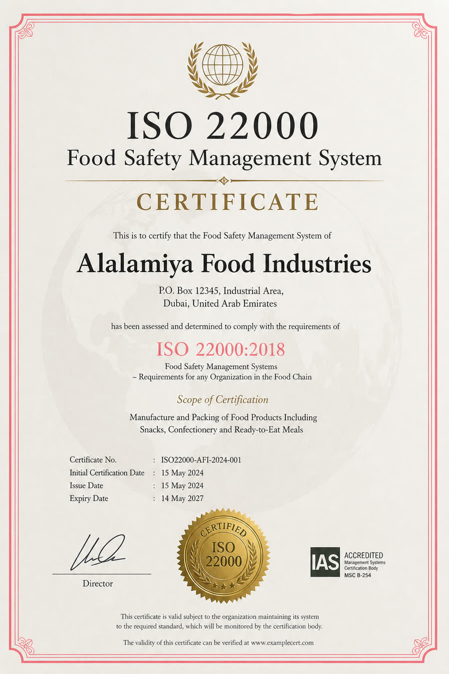 ISO 22000 Food Safety Management certificate