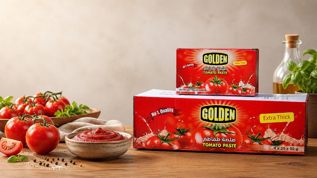 Golden tomato paste boxes — 50g pouches